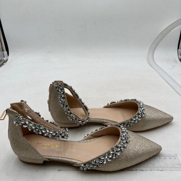 XYD Light Gold Glitter Pointed Toe D'Orsay Wedding Flat Rhinestones Sandal - Picture 4 of 8